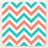 サンゴ、ティール(緑がかった色)、白い大きなシェブロンジグザグパターン スクエアペーパーコースター (正面)