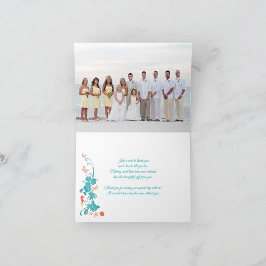 サンゴ、ティール（緑がかった色）、白い目的地の結婚式 サンキューカード (内部)
