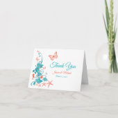 サンゴ、ティール（緑がかった色）、白い目的地の結婚式 サンキューカード (正面)