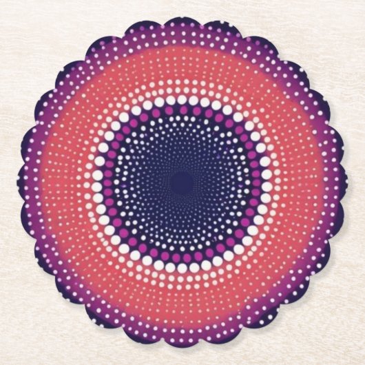 サンゴ、ナス、マゼンタ、青い万華鏡のように千変万化するパターン ペーパーコースター (正面)