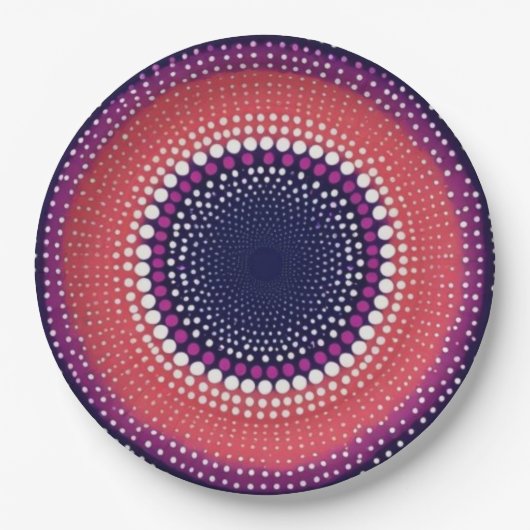 サンゴ、ナス、マゼンタ、青い万華鏡のように千変万化するパターン ペーパープレート (正面)