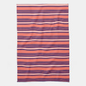 サンゴ、ネイビーブルー、ホワイト五ストライプ色パターン キッチンタオル (縦)