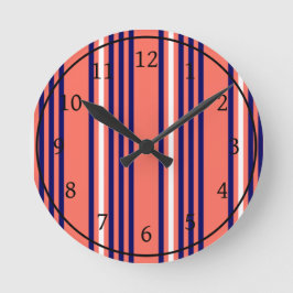 サンゴ、ネイビーブルー、ホワイト五ストライプ色パターン ラウンド壁時計