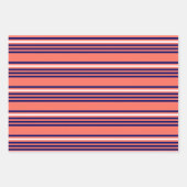 サンゴ、ネイビーブルー、ホワイト五ストライプ色パターン ラッピングペーパーシート (正面)