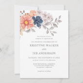 サンゴ & ネイビー フラワーズ | エレガント ボタニカル  招待状 (正面)
