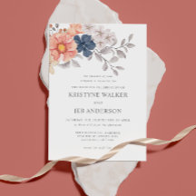 サンゴ & ネイビー フラワーズ | エレガント ボタニカル  招待状