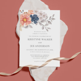 サンゴ & ネイビー フラワーズ | エレガント ボタニカル  招待状