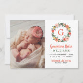 サンゴ フラワー モノグラム リース 赤ちゃん女の子 誕生写真 案内状 (正面)
