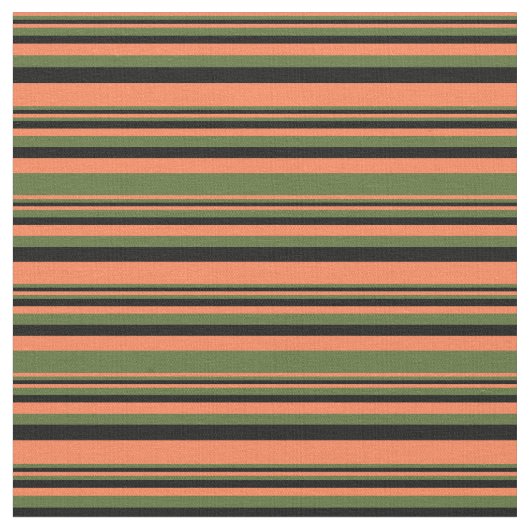 サンゴ、濃いオリーブグリーン、黒のストライプ ファブリック (クローズアップ)