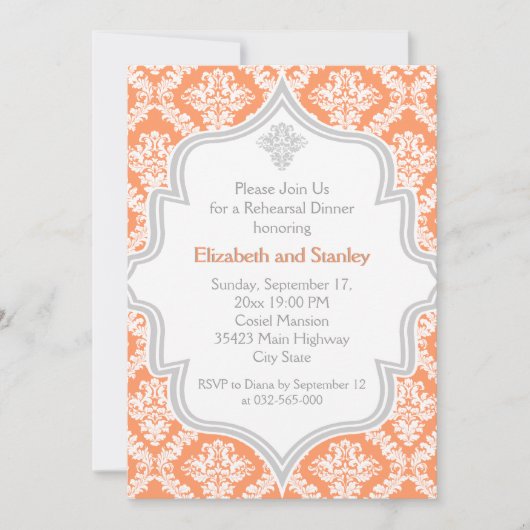 サンゴ、白、灰色のダマスクの結婚式リハーサルディナー 招待状 (正面)