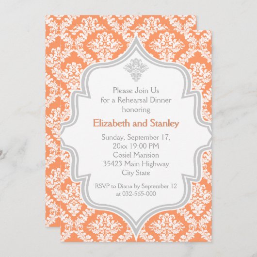 サンゴ、白、灰色のダマスクの結婚式リハーサルディナー 招待状 (正面/裏面)