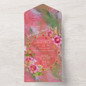 サンゴ、草、牡丹のピンクの開花すべてが1つのInvitaに オールインワン招待状 (内側)