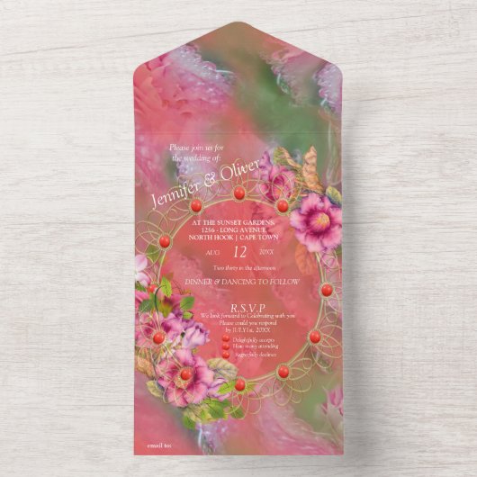 サンゴ、草、牡丹のピンクの開花すべてが1つのInvitaに オールインワン招待状 (内側)