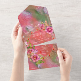 サンゴ、草、牡丹のピンクの開花すべてが1つのInvitaに オールインワン招待状