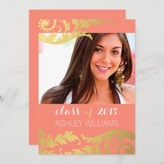 サンゴ·金ゴールドがフォト·スワールズ卒業発表 招待状 (正面/裏面)