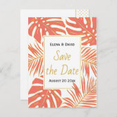 サンゴ、金ゴールド葉熱帯の結婚式の日付を保存 案内ポストカード (正面/裏面)