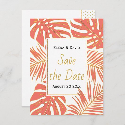 サンゴ、金ゴールド葉熱帯の結婚式の日付を保存 案内ポストカード (正面/裏面)