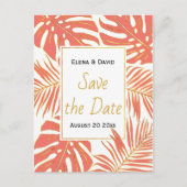 サンゴ、金ゴールド葉熱帯の結婚式の日付を保存 案内ポストカード (正面)