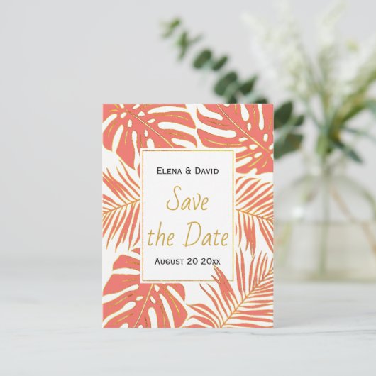 サンゴ、金ゴールド葉熱帯の結婚式の日付を保存 案内ポストカード (スタンド正面)