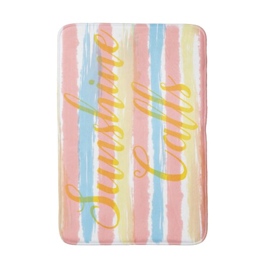 サンシャインがピンクブルーイエローウォーター色のストライプ バスマット (正面縦)
