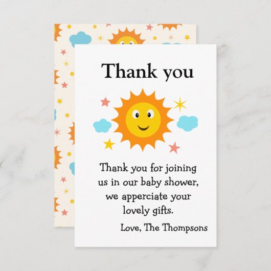 サンシャインこ来この太陽の赤ちゃんシャワー サンキューカード (正面/裏面)