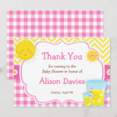 サンシャインとレモネードピンクと黄色の赤ちゃんシャワー サンキューカード (正面/裏面)