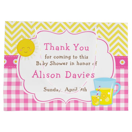 サンシャインとレモネードピンクと黄色の赤ちゃんシャワー ラージペーパーバッグ (裏面)