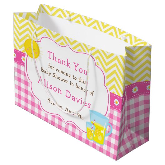 サンシャインとレモネードピンクと黄色の赤ちゃんシャワー ラージペーパーバッグ (裏面アングル)