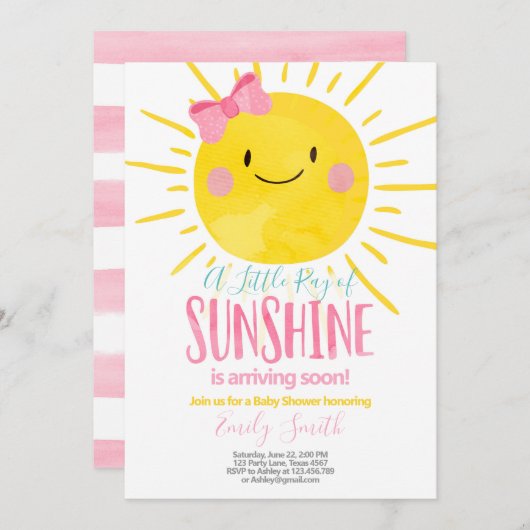 サンシャインの光線小さな女の子ピンクの赤ちゃんシャワー 招待状 (正面/裏面)