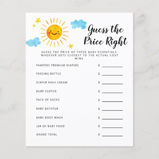 サンシャインは価格を推測する右ベビーシャワーゲーム (正面)