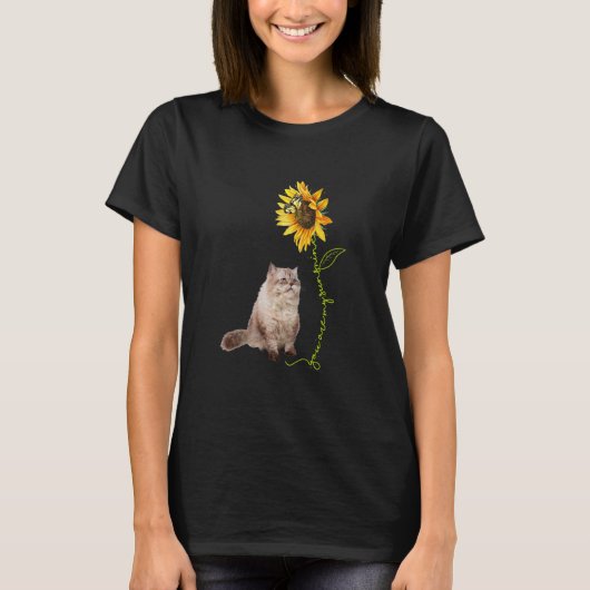 サンシャインひまわり蝶々眠そうな太った猫 Tシャツ (正面)