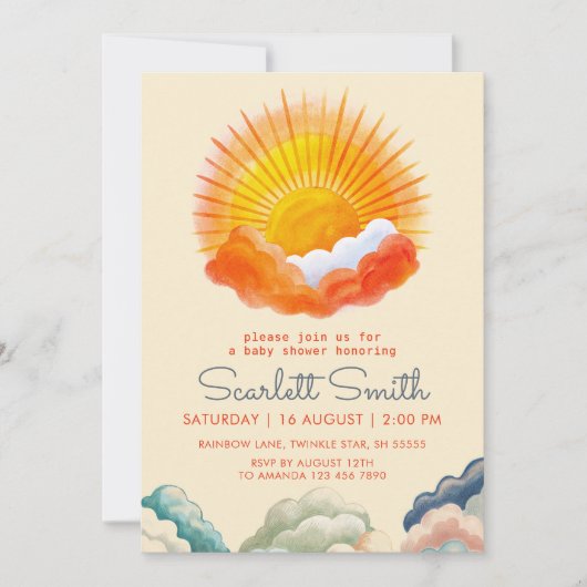 サンシャインアンドクラウドイエローグレーレトロベビーシャワー 招待状 (正面)