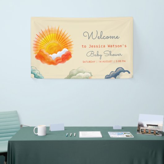 サンシャインアンドクラウドイエローグレーレトロベビーシャワー 横断幕 (トレードショー)
