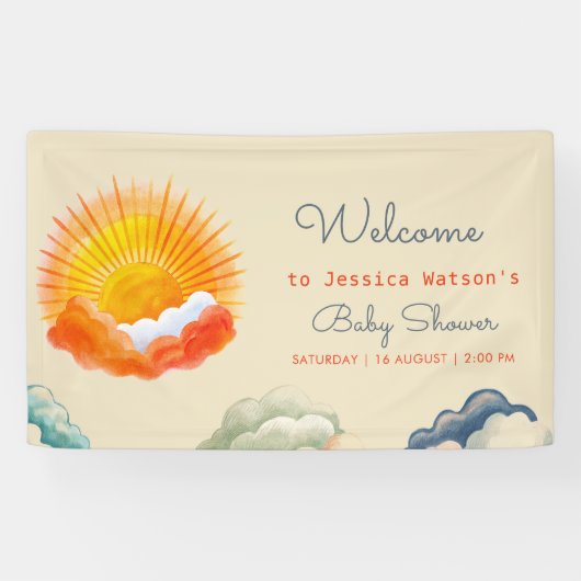 サンシャインアンドクラウドイエローグレーレトロベビーシャワー 横断幕 (横)