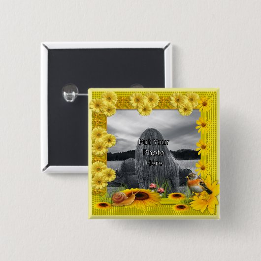 サンシャインイエローサンフラワーフォトフレーム 缶バッジ (正面&裏面)