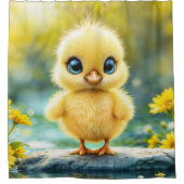 サンシャインイエローフワフワフワのチキンブルー – アイドバード シャワーカーテン (正面)