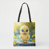サンシャインイエローフワフワフワのチキンブルー – アイドバード トートバッグ (正面)