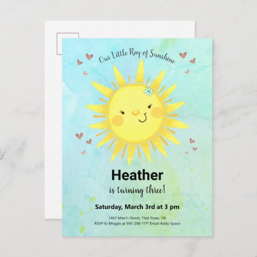 サンシャインウォーターカラー子供の誕生日パーティの招待状 インビテーションポストカード (正面/裏面)