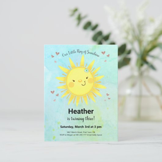 サンシャインウォーターカラー子供の誕生日パーティの招待状 インビテーションポストカード (スタンド正面)