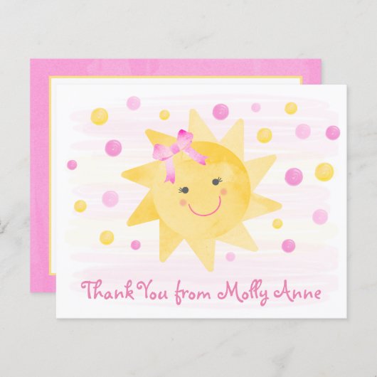 サンシャインウォーター色かわいいガーリーピンクサンキューカード (正面/裏面)