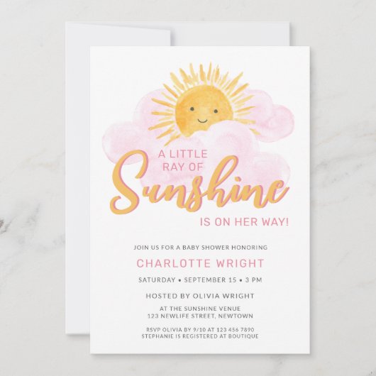 サンシャインガールの赤ちゃんシャワーの小さな光線 招待状 (正面)