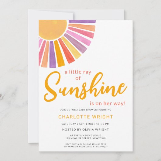 サンシャインガールの赤ちゃんシャワーの小さな光線 招待状 (正面)