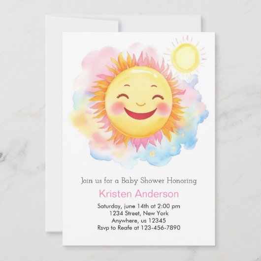 サンシャインガールベイビーシャワーの小さな光線を放射 招待状 (正面)