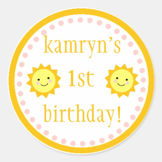 サンシャインパーソナライズされた1th誕生日ステッカー ラウンドシール (正面)