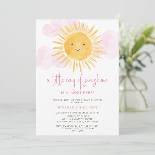 サンシャインピンクの雲の小さな光線ベビーシャワー 招待状 (スタンド正面)
