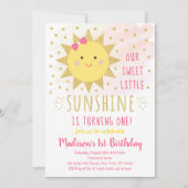 サンシャインピンク&金ゴールドファースト誕生日 招待状 (正面)
