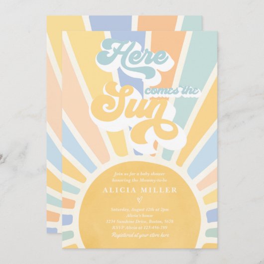 サンシャインベイビーシャワーボーホミュート虹の太陽の光 招待状 (正面/裏面)