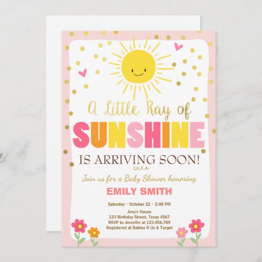 サンシャインベイビーシャワー招待ピンクガール 招待状 (正面/裏面)