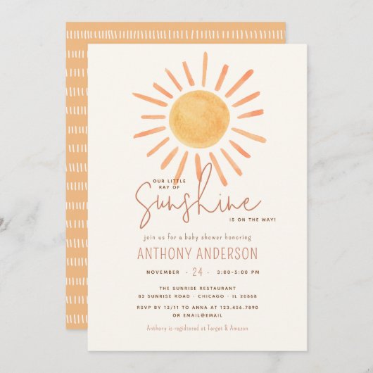 サンシャインベイビーシャワー男女兼用の小さな光線 招待状 (正面/裏面)