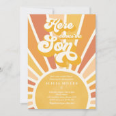 サンシャインベイビーシャワー ここに太陽の息子がやってくる 黄色い光線 招待状 (正面)